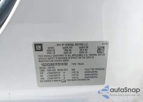 2015 Chevrolet Silverado 2500Hd Wt from USA, damaged, VIN 1GC2CUEG7FZ519192